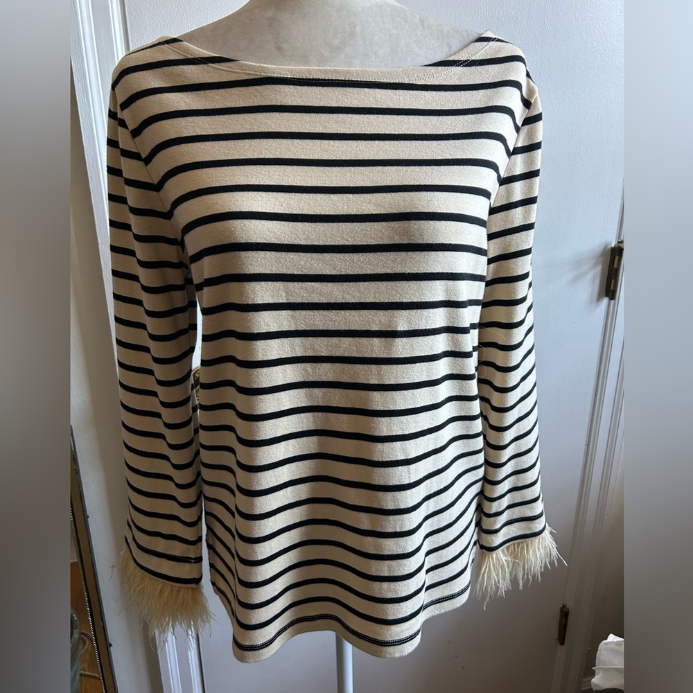 J. Crew Beige and Black Striped Top with Feather Cuffs Sz. Med EUC - Picture 3 of 5
